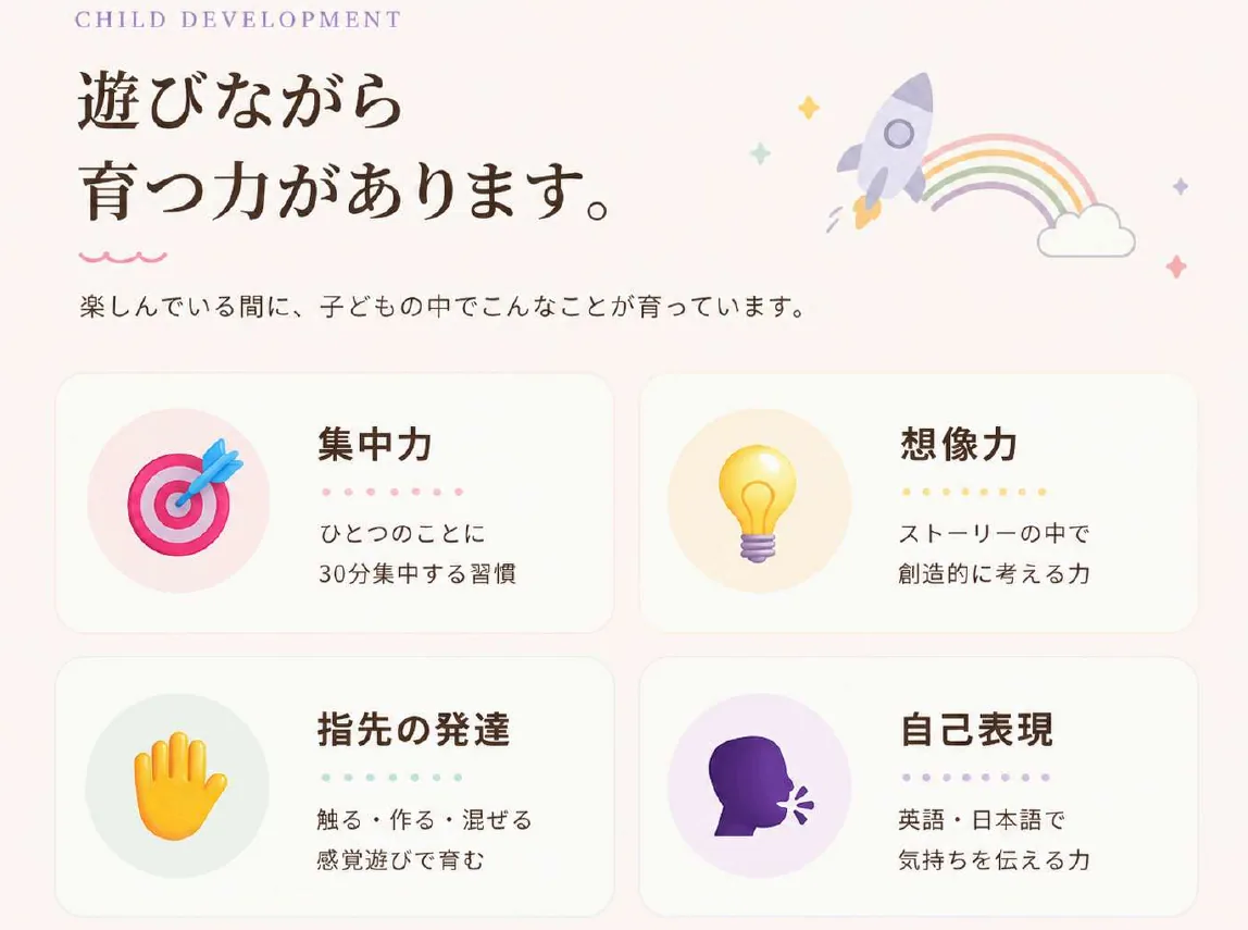 遊びながら育つ力があります。集中力・想像力・指先の発達・自己表現