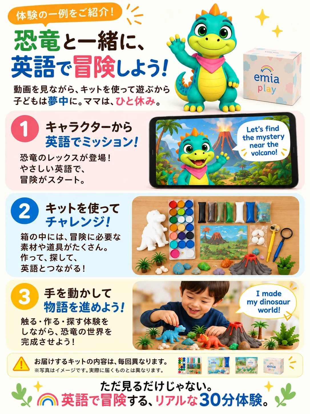 体験の一例をご紹介！恐竜と一緒に、英語で冒険しよう！動画を見ながら、キットを使って遊ぶから子どもは夢中に。ママは、ひと休み。1.キャラクターから英語でミッション！恐竜のレックスが登場！やさしい英語で、冒険がスタート。2.キットを使ってチャレンジ！箱の中には、冒険に必要な素材や道具がたくさん。作って、探して、英語とつながる！3.手を動かして物語を進めよう！触る・作る・探す体験をしながら、恐竜の世界を完成させよう！お届けするキットの内容は、毎回異なります。ただ見るだけじゃない。英語で冒険する、リアルな30分体験。