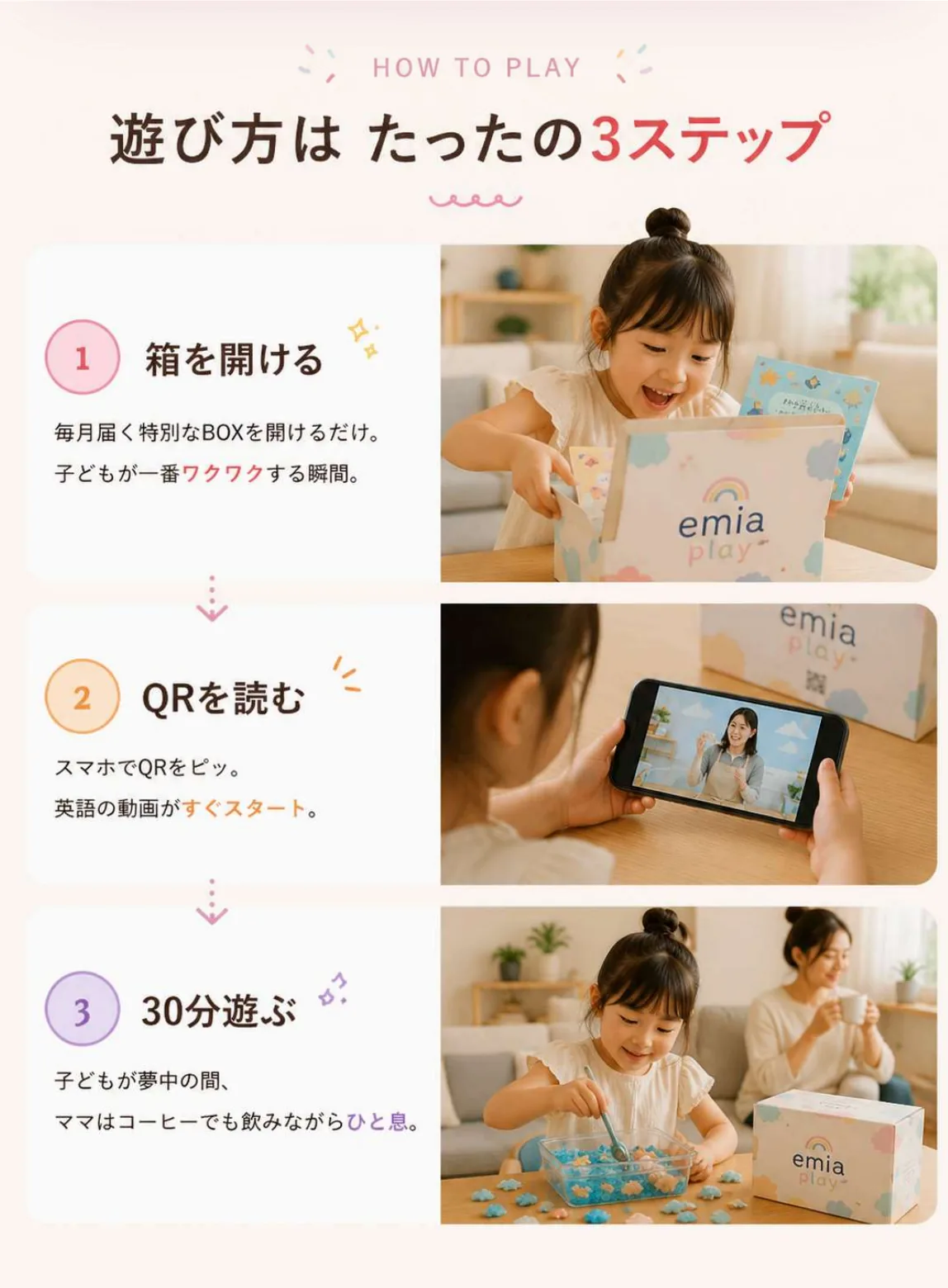 遊び方はたったの3ステップ。1.箱を開ける 2.QRを読む 3.30分遊ぶ